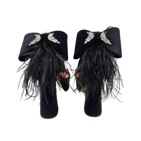 Antonio Melani Platform Sandals Size 5.5 M Black Velvet feathers Rhinestone  658 - Picture 3 of 16
